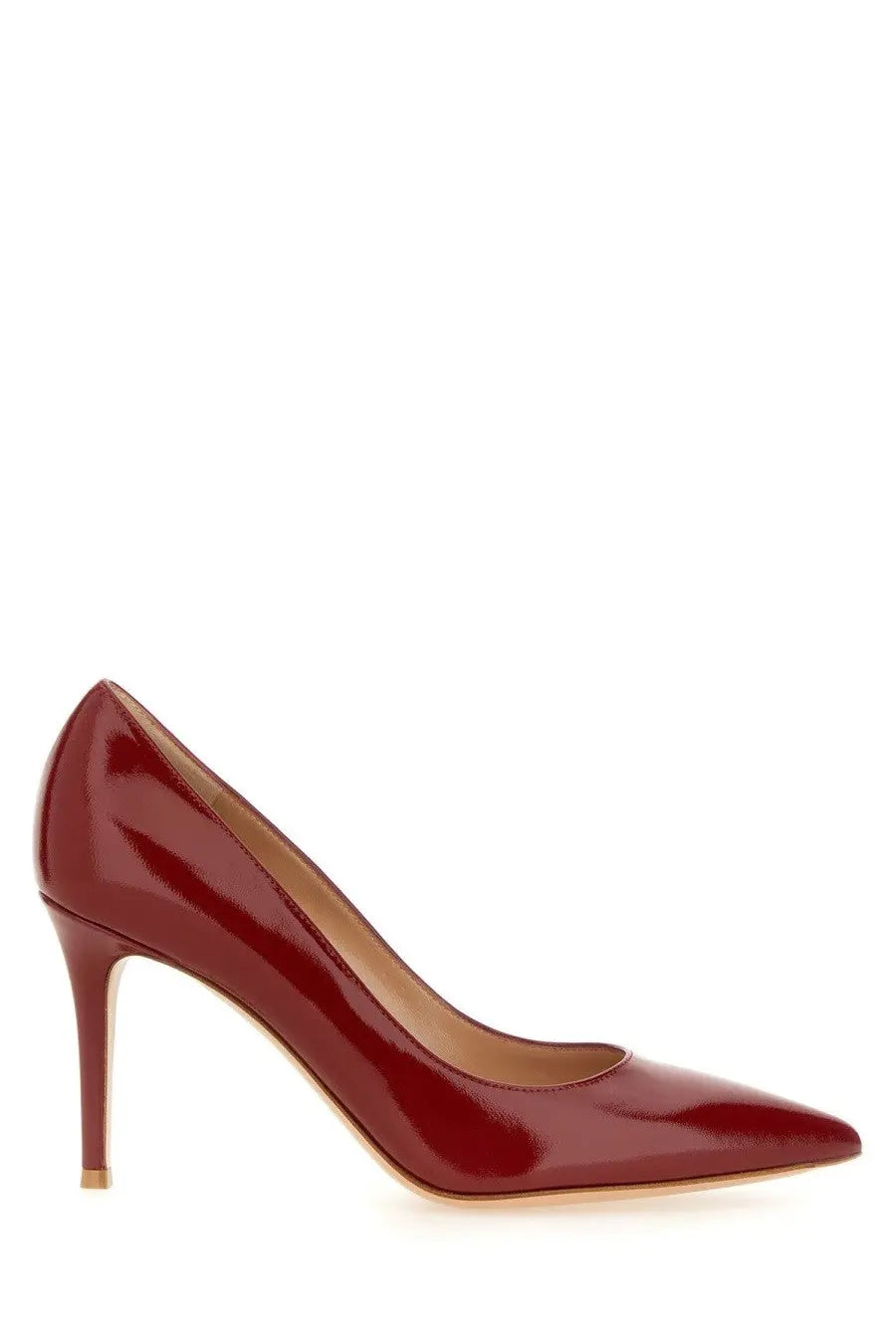 A sleek burgundy patent leather pump with a pointed toe and stiletto heel by Gianvito Rossi women’s Écolleté Gianvito Red