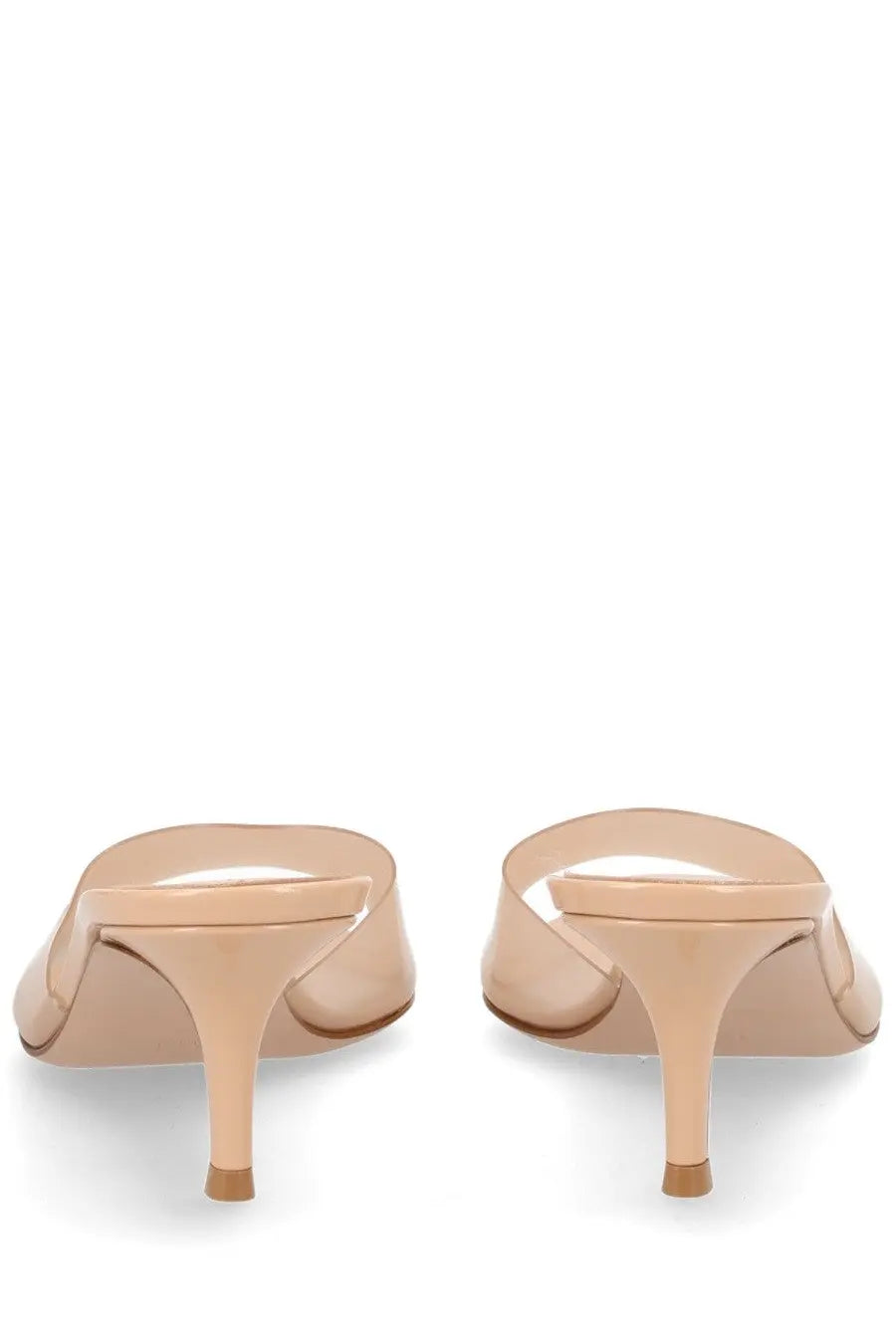 Beige patent leather mule heels by gianvito rossi with sleek minimalist design and slender stiletto heel