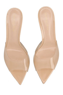 Gianvito Rossi women’s Sandalo Elle beige patent leather mules with pointed toe and transparent side panels
