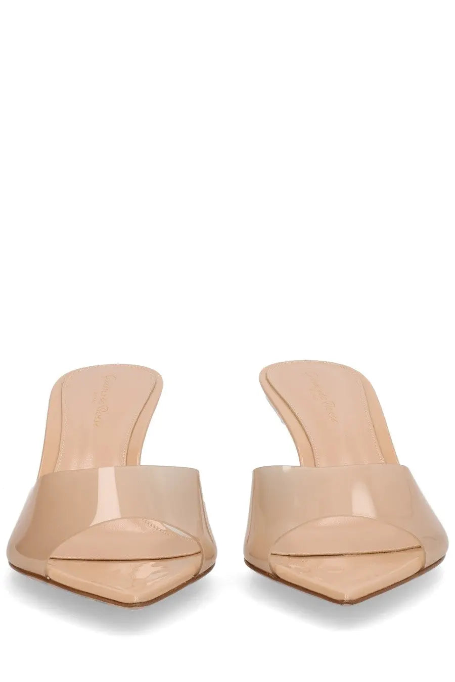 Gianvito Rossi women’s Sandalo Elle beige patent leather mules with a sleek minimalist design and pointed toe