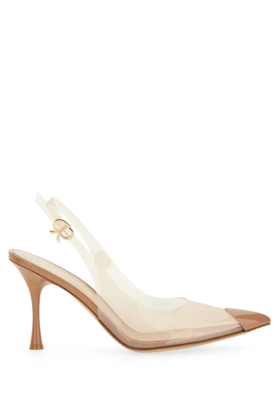 Gianvito Rossi women’s slingback shoe diana beige transparent nude-colored pump with gold-tone buckle and pointed toe