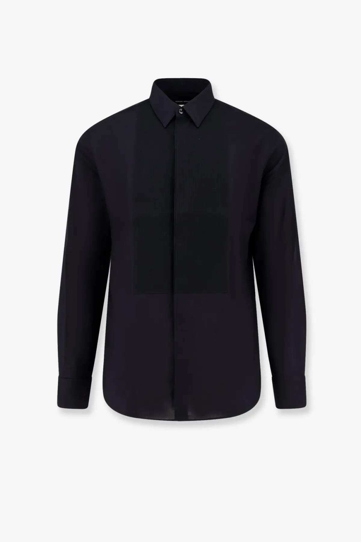 Black long-sleeved Giorgio Armani men’s cotton dress shirt with classic collar and front placket for formal wear