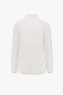 A crisp white Giorgio Armani men’s cotton dress shirt with a classic collar and button-down front