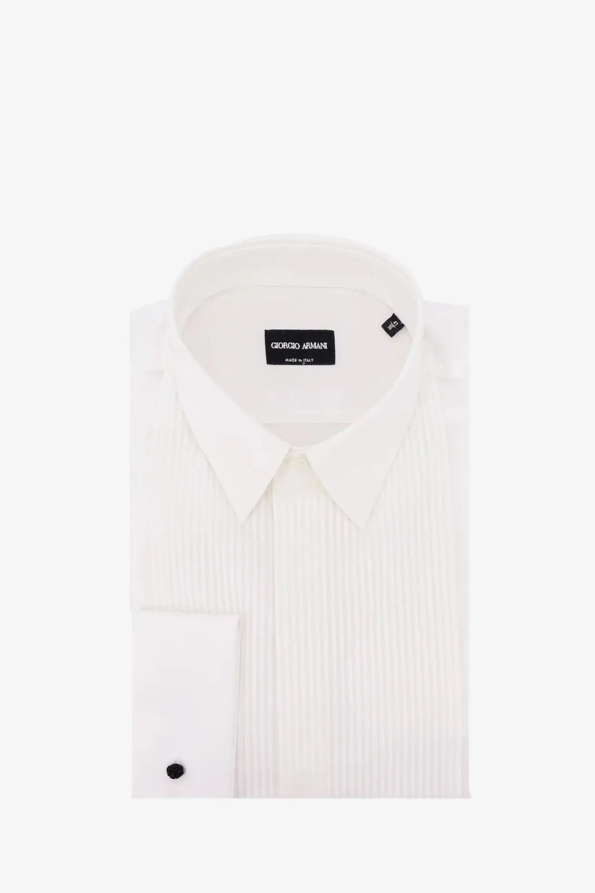 White cotton pleated dress shirt with black cuffed buttons and Giorgio Armani label for men