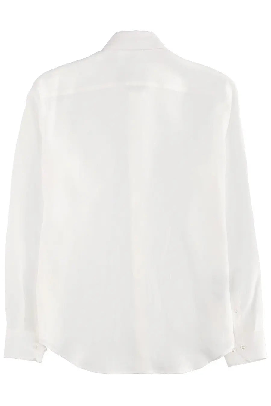 A crisp white long-sleeved Giorgio Armani men’s linen shirt with a classic collar and subtle texture
