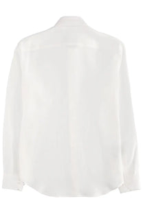 A crisp white long-sleeved Giorgio Armani men’s linen shirt with a classic collar and subtle texture