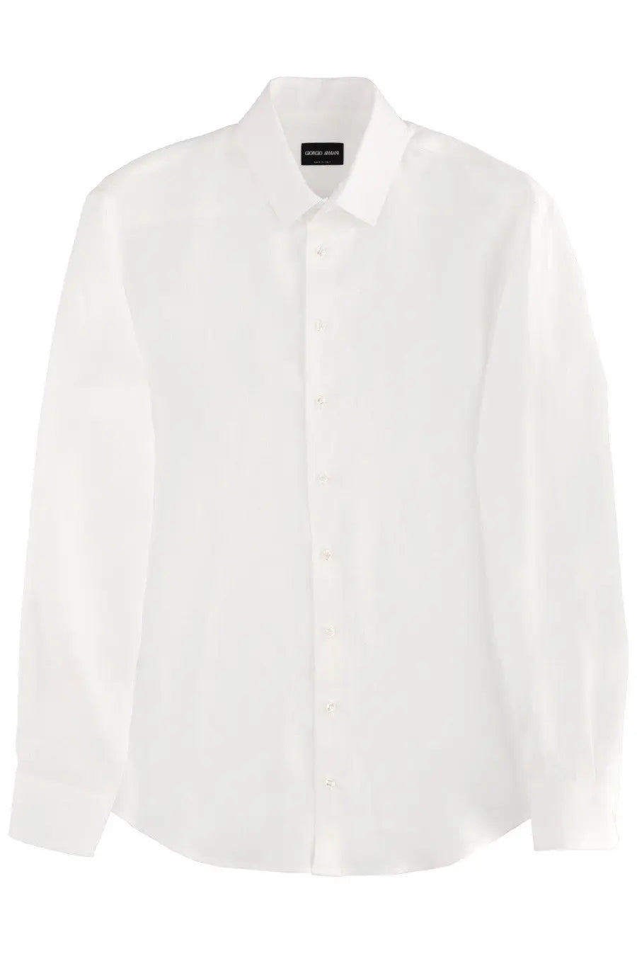 Giorgio Armani men’s white linen dress shirt with classic collar button-down front and subtle fabric texture
