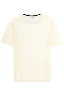 Giorgio Armani men’s cream linen and silk short-sleeved t-shirt with black ribbed trim around the neckline