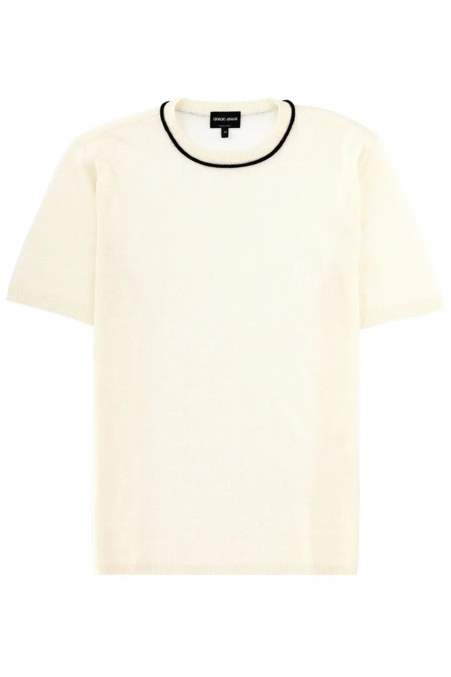 Giorgio Armani men’s cream linen and silk short-sleeved shirt with black ribbed crew neckline and embroidered brand label