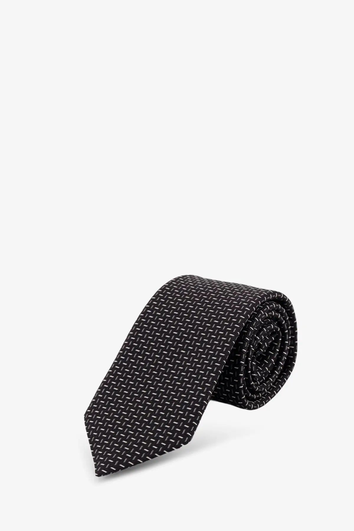 Giorgio Armani men’s black silk tie with subtle white geometric pattern for formal occasions