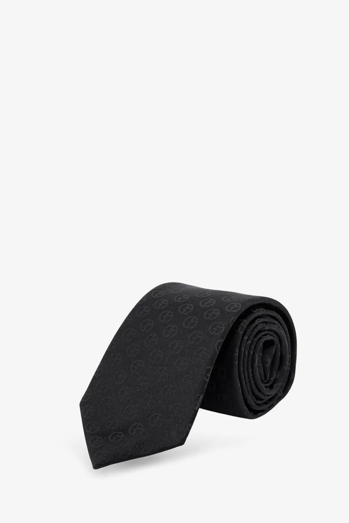 Giorgio Armani men’s black silk tie with subtle repeating logo pattern perfect for formal wear