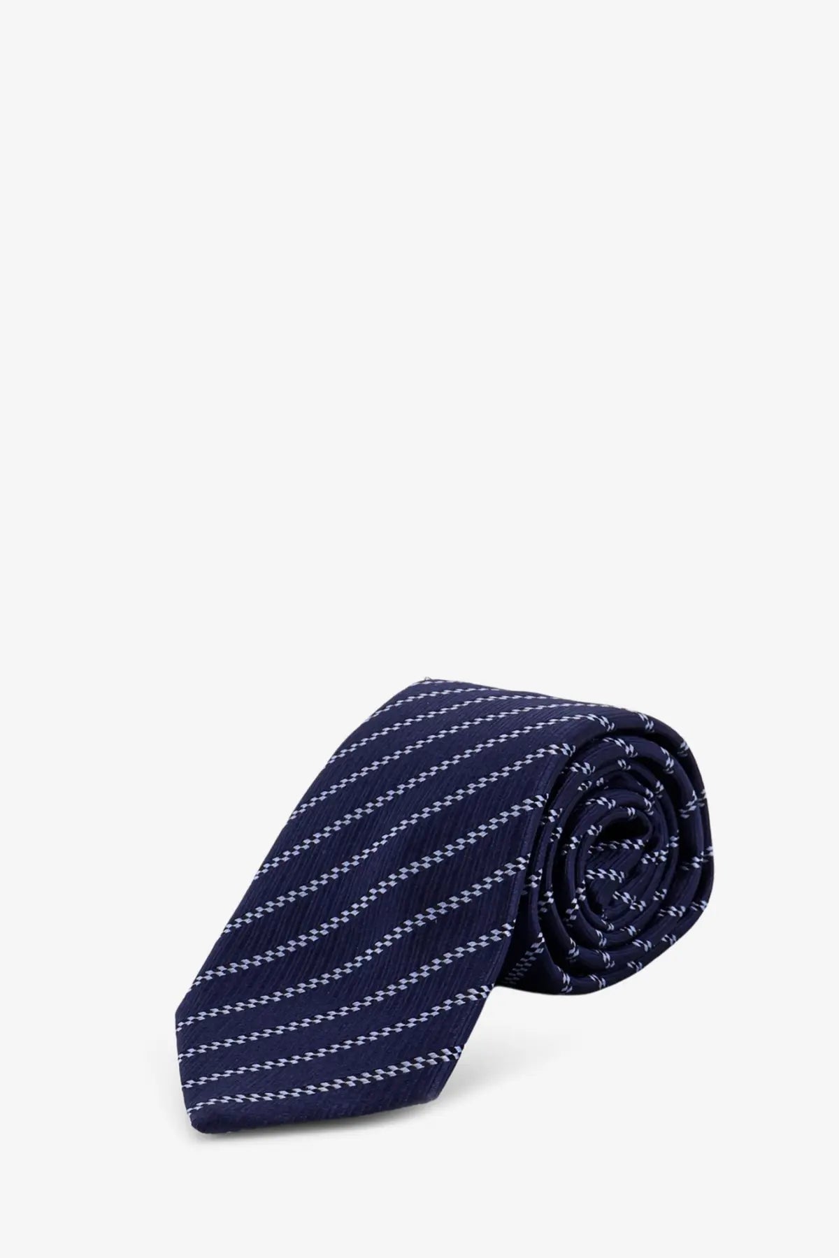 Giorgio Armani men’s silk tie in navy blue with diagonal white zigzag stripes made from smooth woven fabric