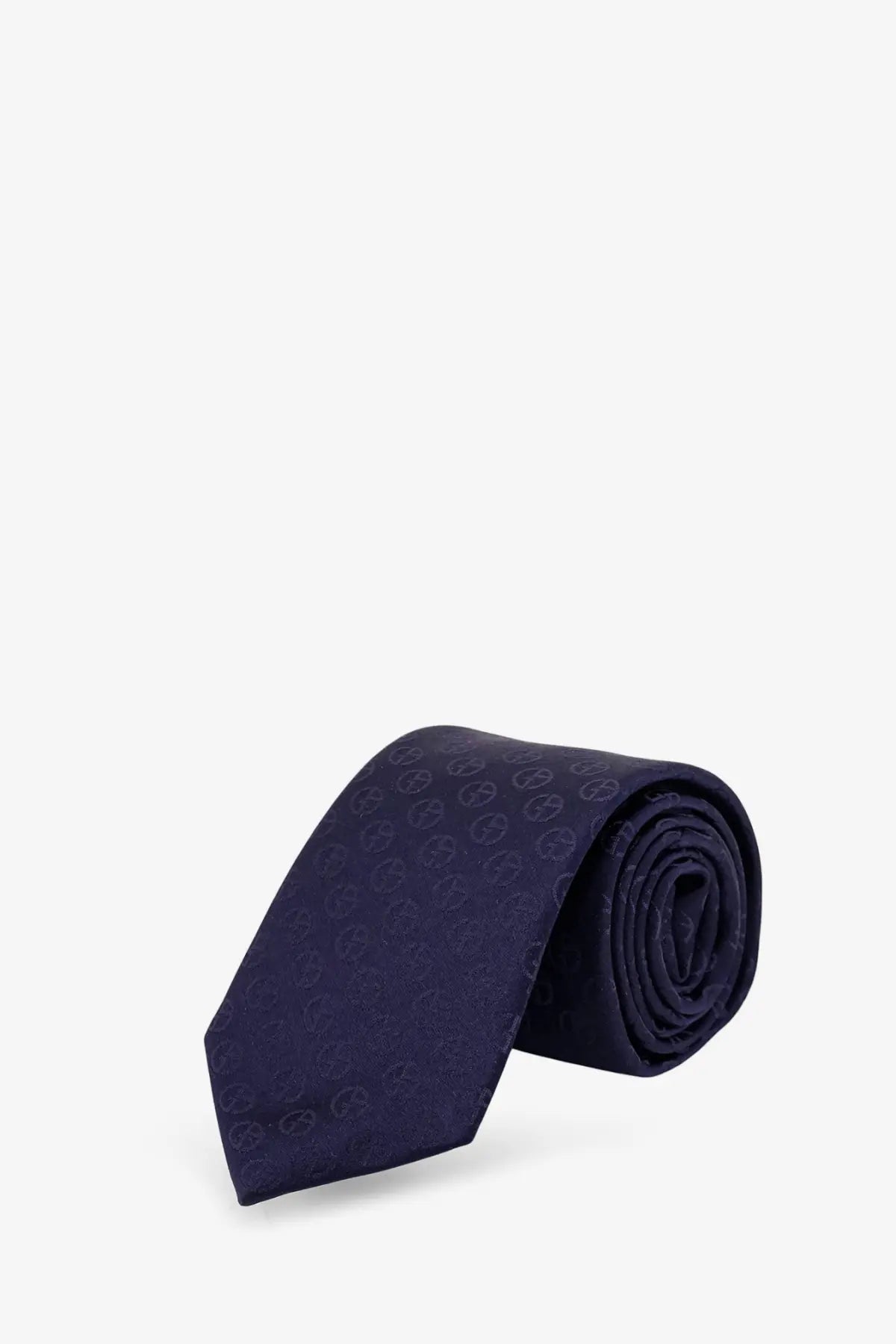 A navy blue silk tie by Giorgio Armani featuring a subtle repeating circular pattern for men
