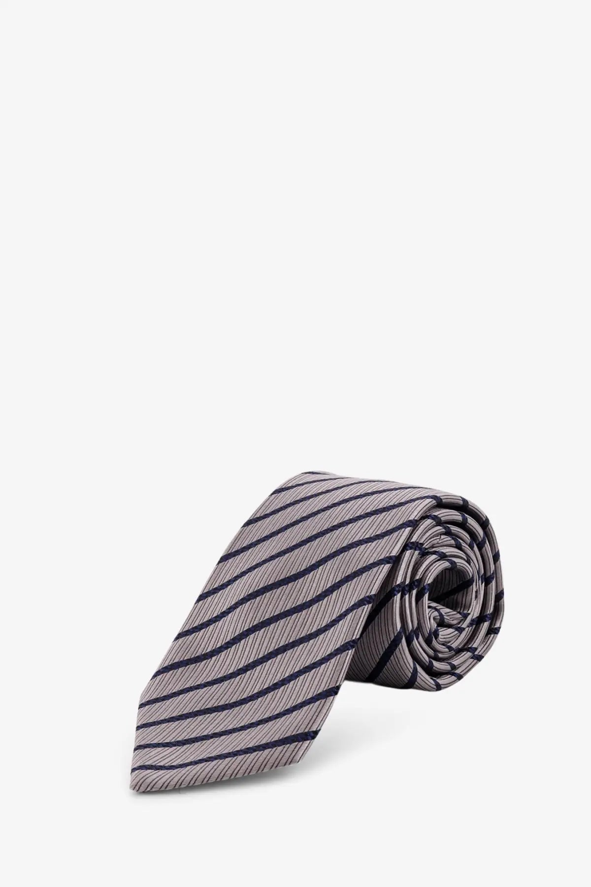 A neatly rolled giorgio armani men’s silk tie with gray and navy diagonal stripes crafted from smooth fabric