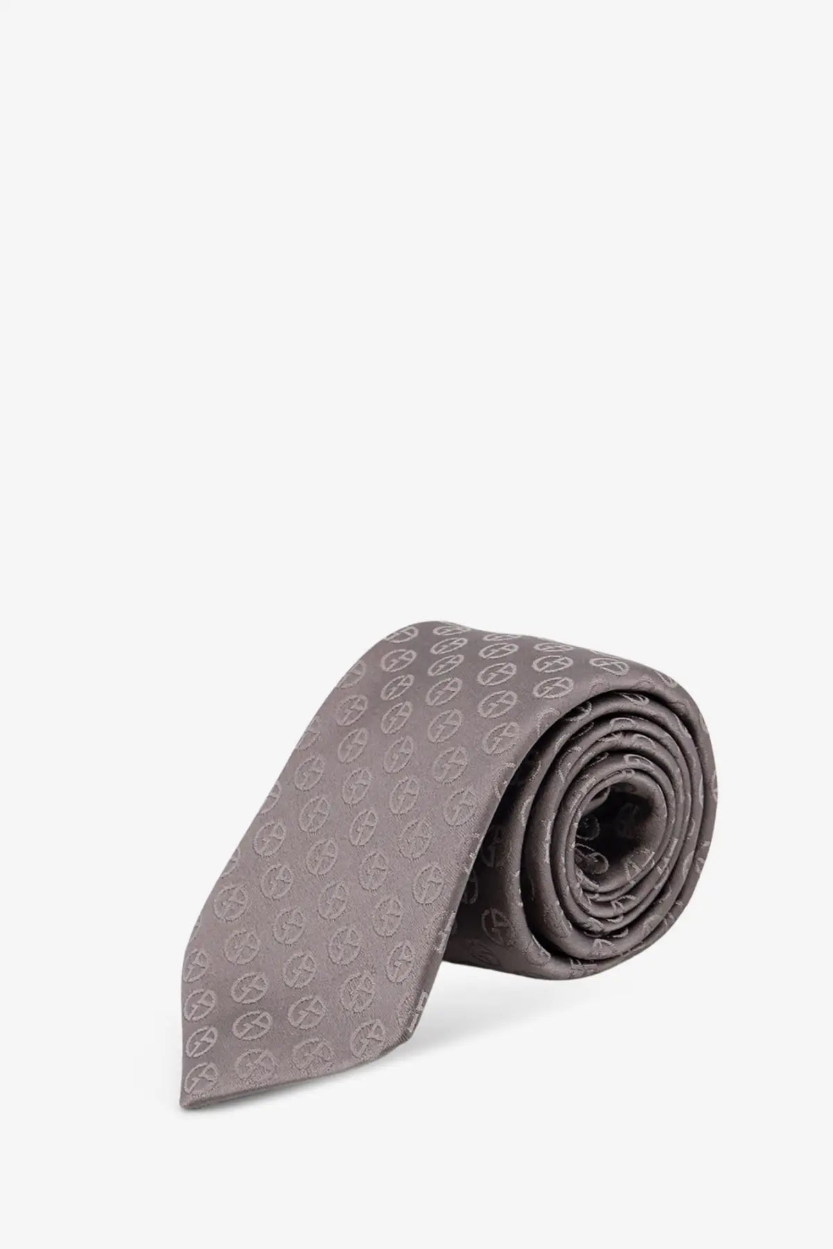 Giorgio Armani men’s grey silk tie with a sleek charcoal base and a subtle silver peace symbol pattern