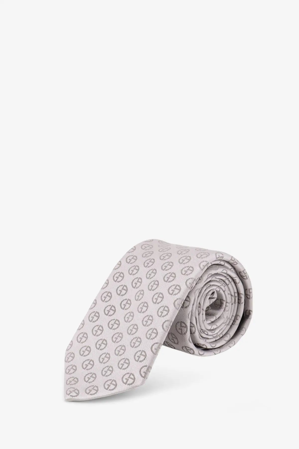 Giorgio armani men’s silk tie in light gray with dark gray interlocking s logos pattern