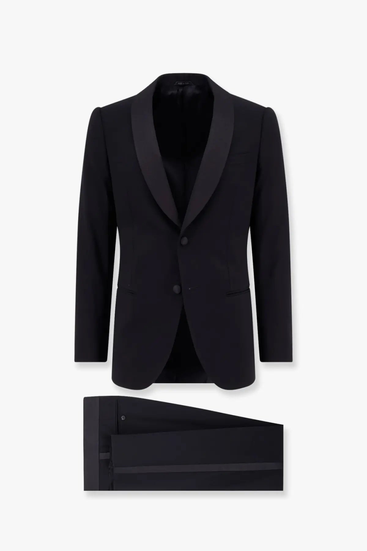 Black tuxedo jacket with satin lapels and matching virgin wool trousers by Giorgio Armani men’s Soho collection