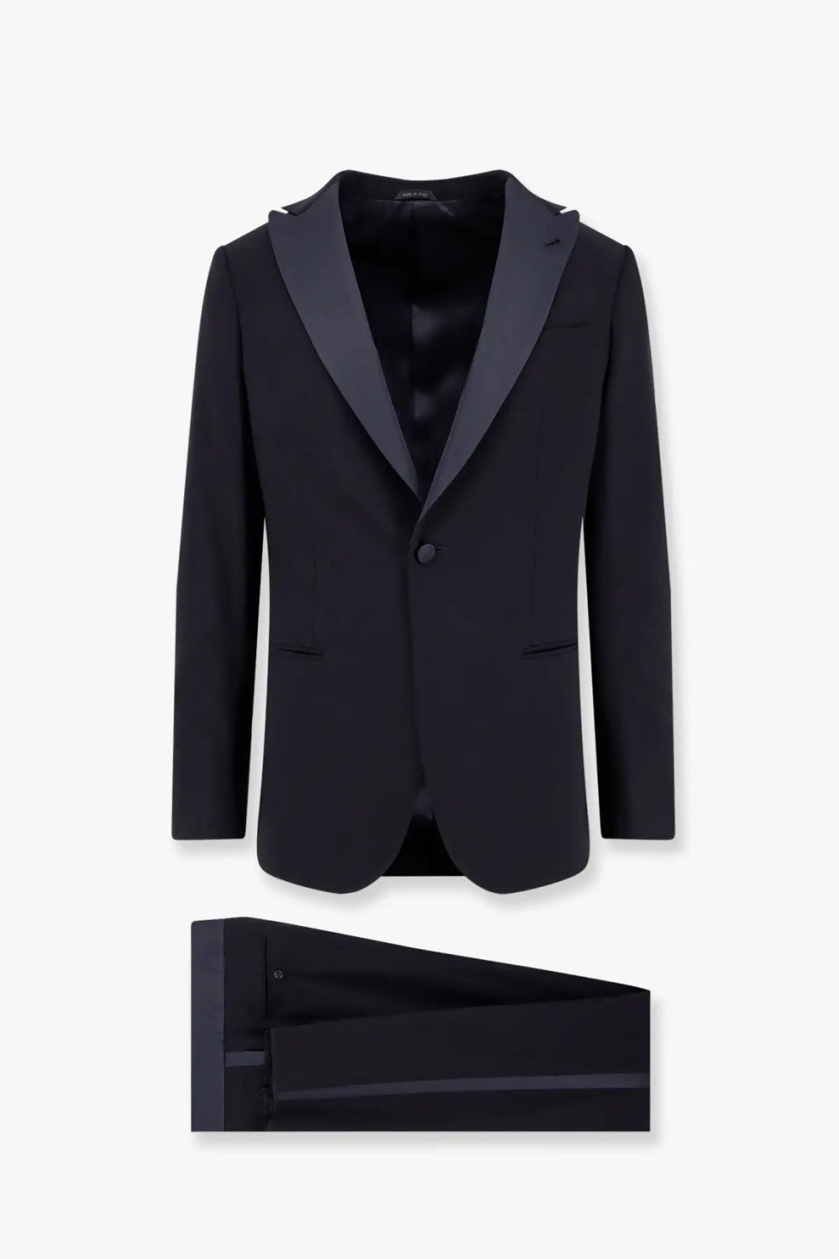 Giorgio Armani men’s soho virgin wool tuxedo blue with black satin lapel jacket and matching trousers