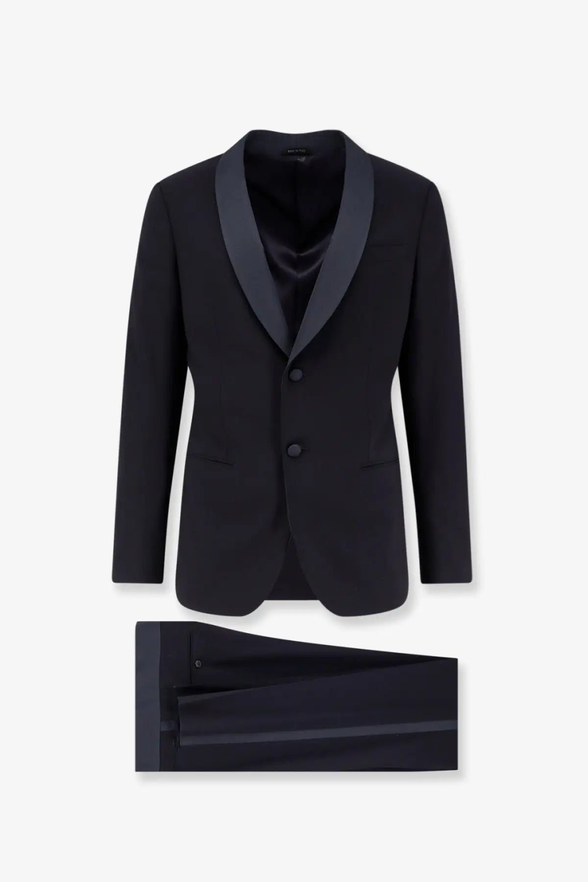 Giorgio Armani men’s blue virgin wool tuxedo with black satin lapels and matching trousers