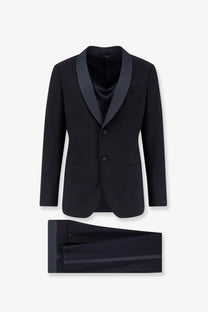 Giorgio Armani men’s blue virgin wool tuxedo with black satin lapels and matching trousers