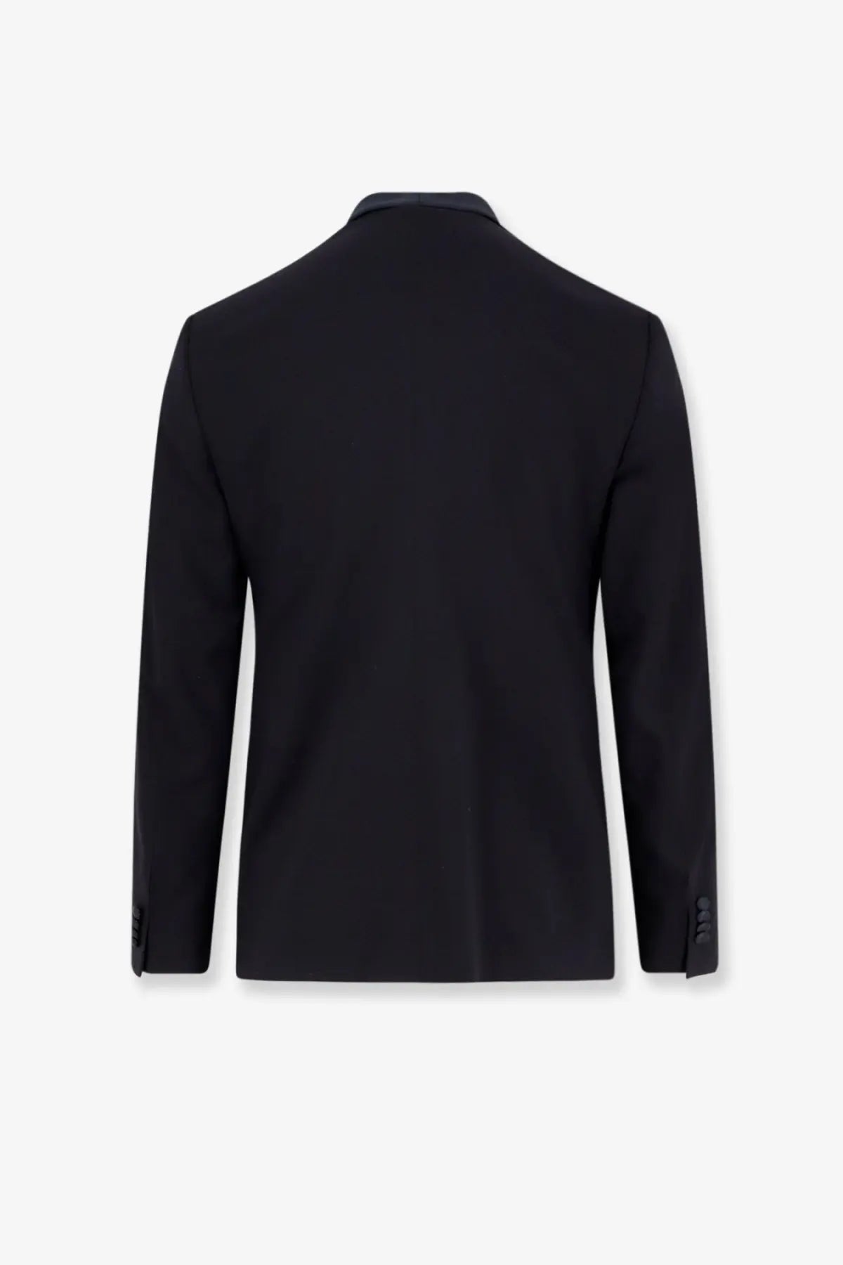 Black tailored blazer with sleek modern cut and subtle texture from Giorgio Armani men’s virgin wool tuxedo blue collection