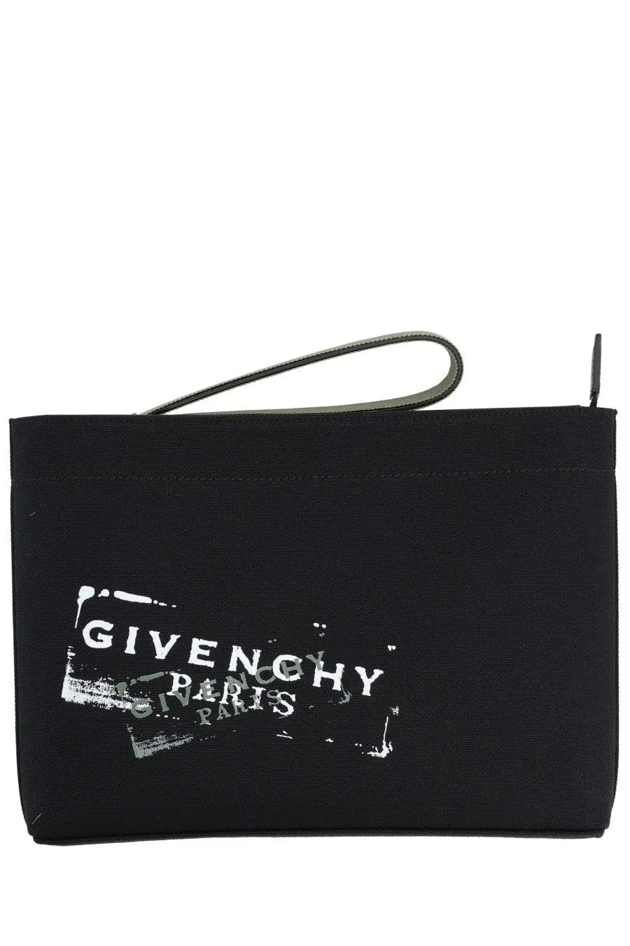 Givenchy mens clutch bag black with distressed white logo and matching wrist strap for stylish carrying