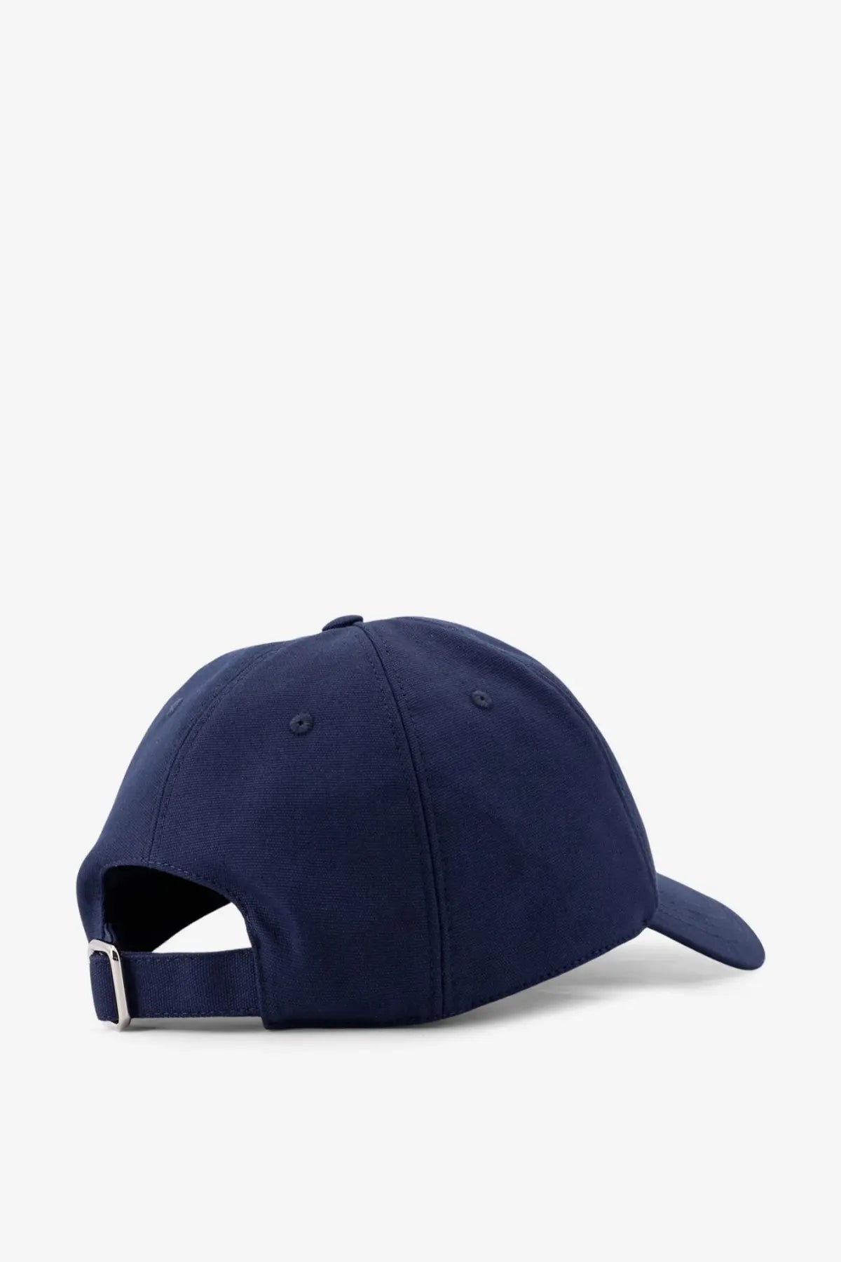Navy blue cotton baseball cap by givenchy with adjustable strap and silver buckle shown from the back side