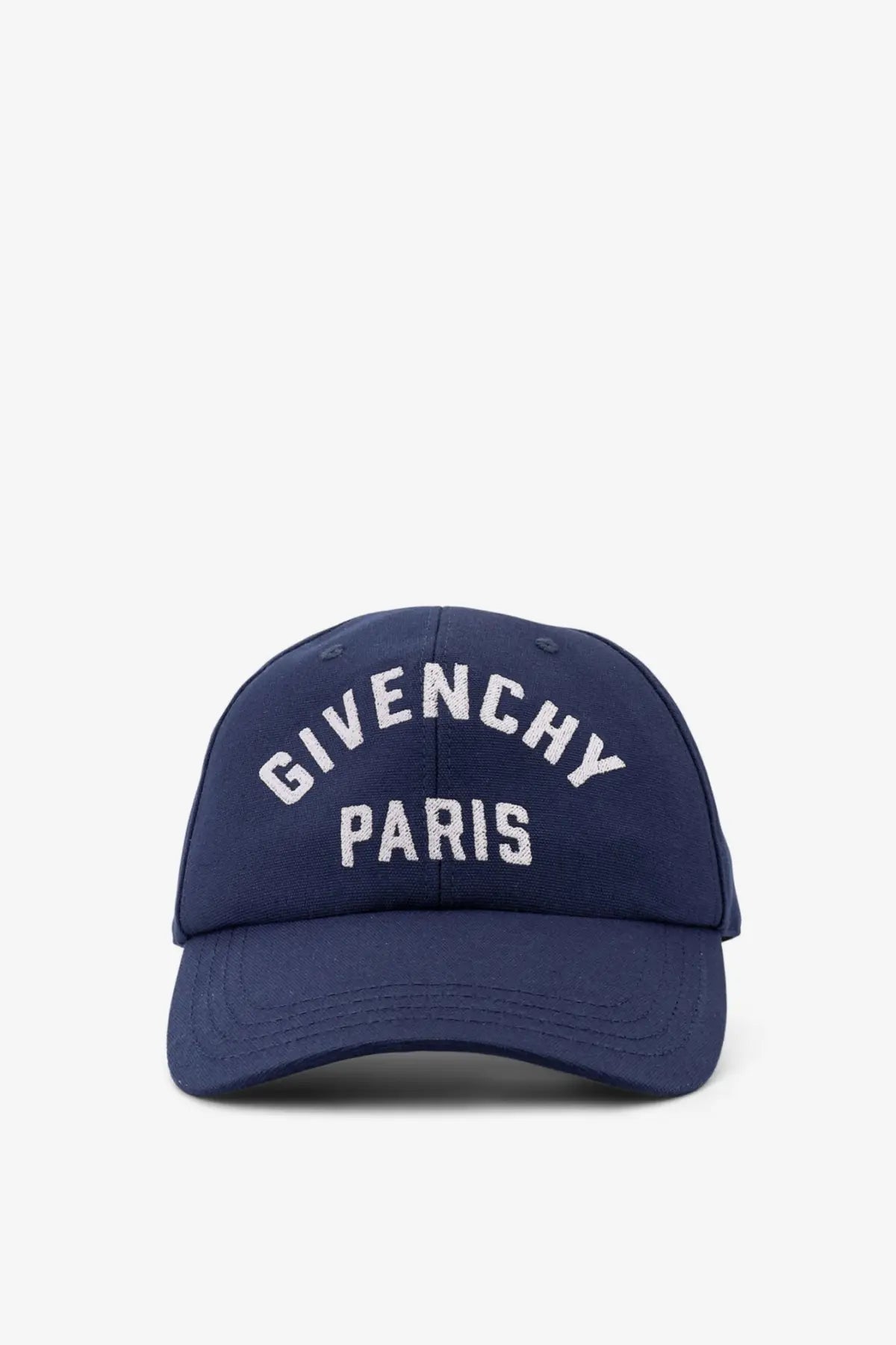 Navy blue Givenchy Paris men’s cotton baseball hat with white embroidered lettering front view