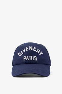 Navy blue Givenchy Paris men’s cotton baseball hat with white embroidered lettering front view