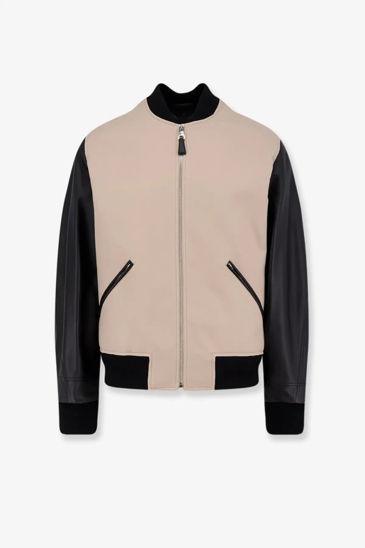 Givenchy men’s cotton jacket black featuring beige and black leather bomber style with contrasting sleeves collar cuffs and pockets