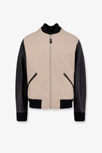 Givenchy men’s cotton jacket black featuring beige and black leather bomber style with contrasting sleeves collar cuffs and pockets