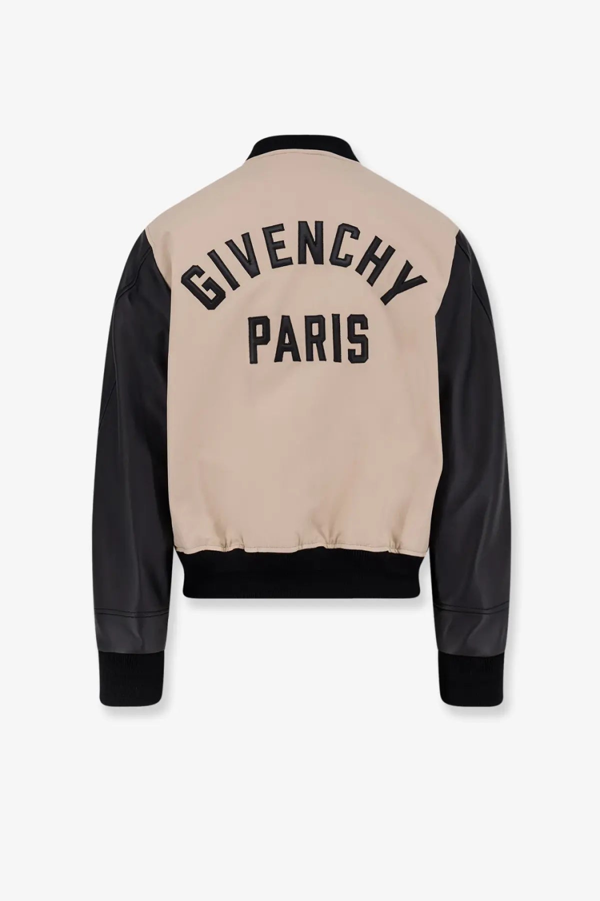 Givenchy men’s cotton bomber jacket in beige and black with contrasting leather sleeves for stylish outerwear