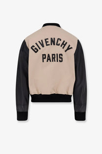 Givenchy men’s cotton bomber jacket in beige and black with contrasting leather sleeves for stylish outerwear