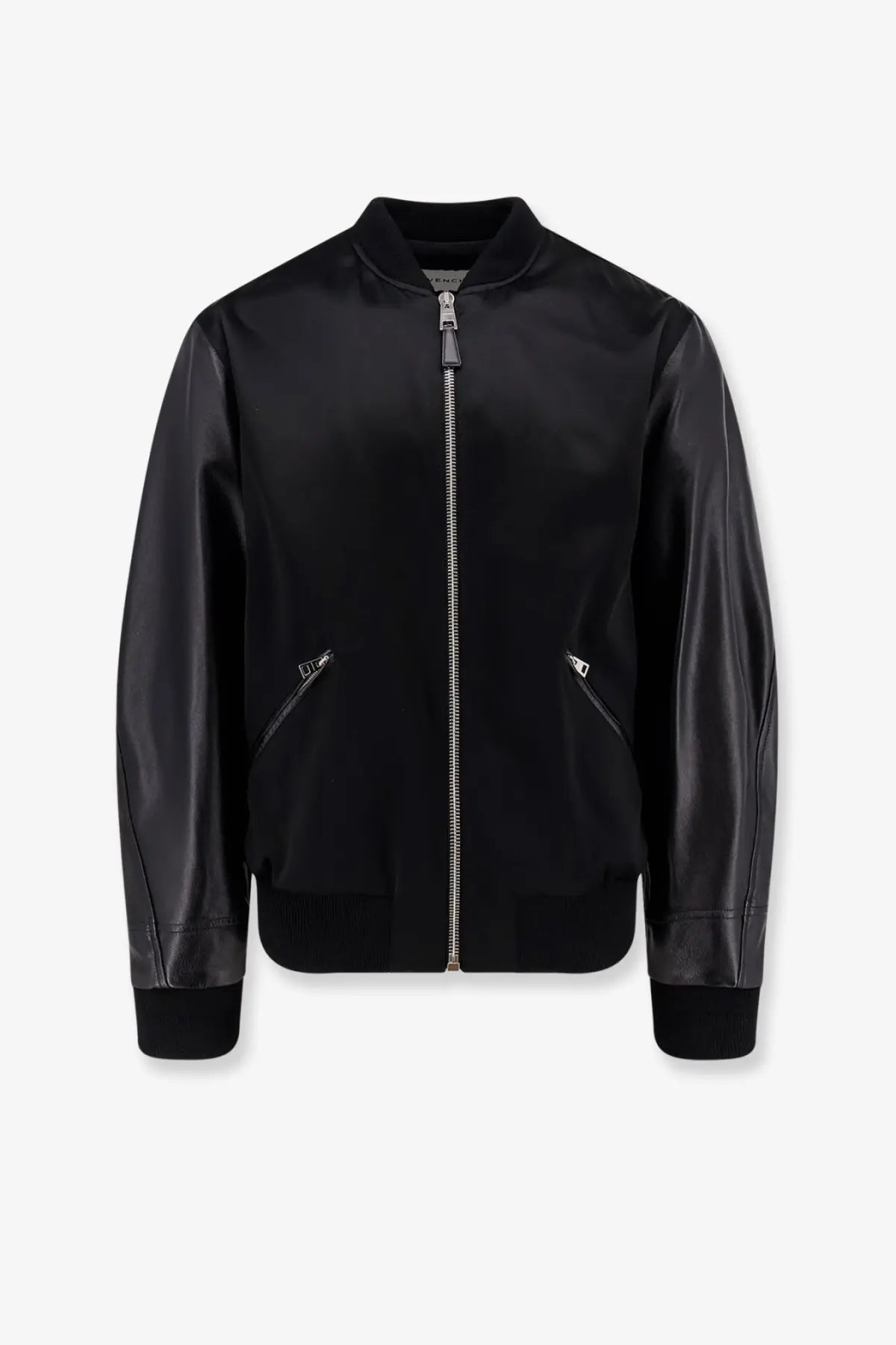 Givenchy men’s black cotton and nylon bomber jacket with silver zipper and ribbed cuffs visible from the front