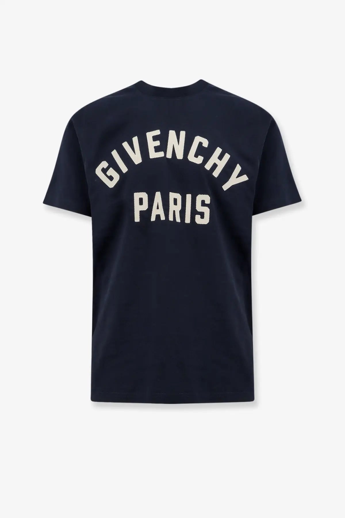 Navy blue Givenchy Paris men’s cotton t-shirt with cream embroidered lettering, front view
