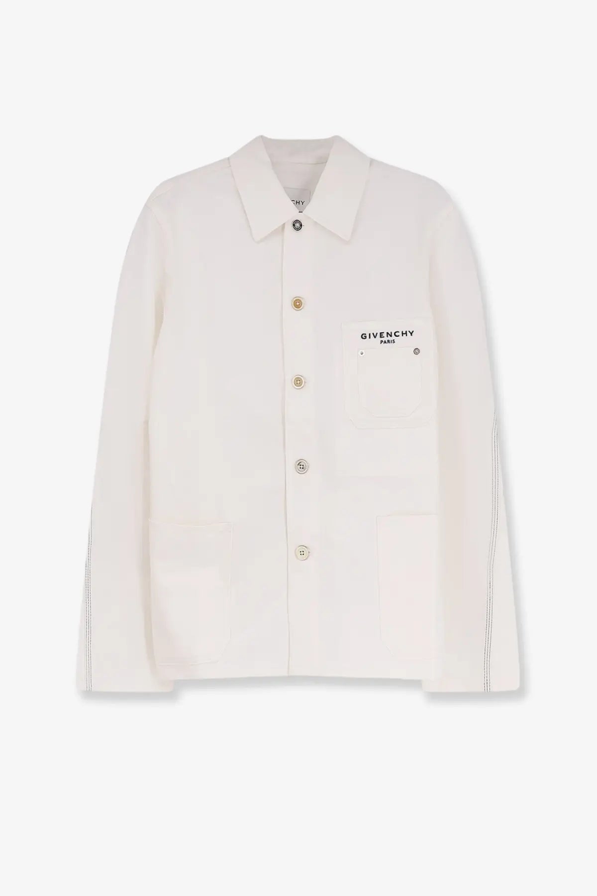 Givenchy men’s white denim jacket with subtle gold-tone buttons and minimalist logo patch on the chest
