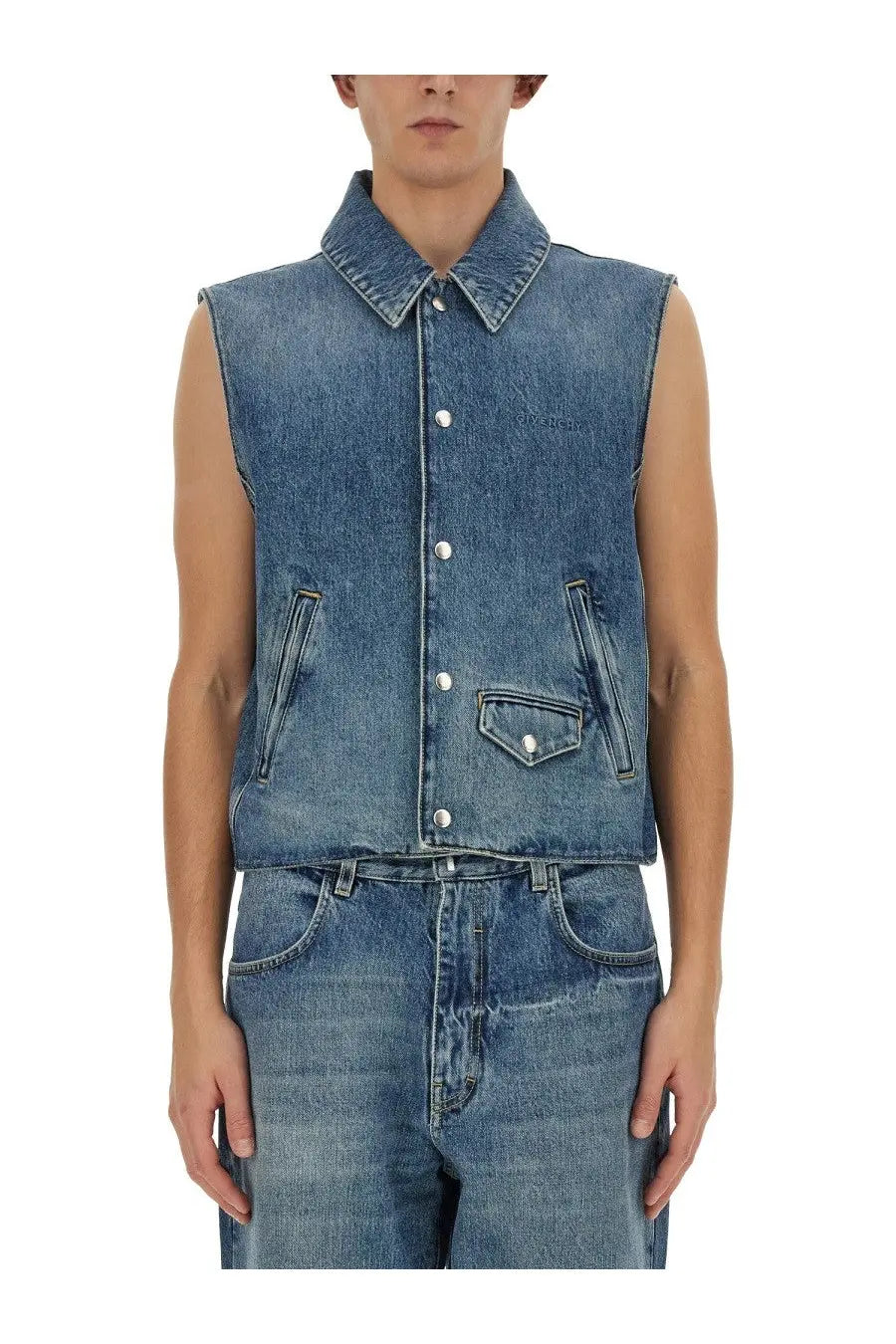 Givenchy mens blue denim sleeveless vest with collar and buttons