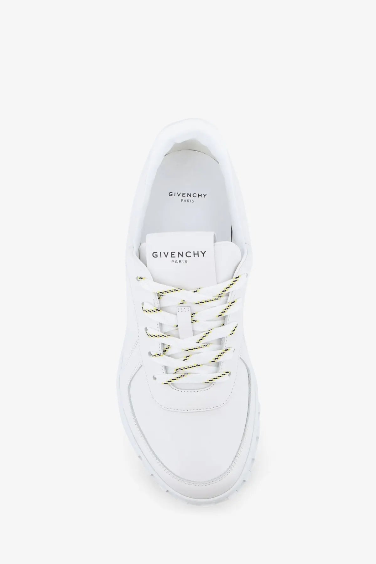 Givenchy men’s glide runner leather sneakers in white with subtle green thread accents on the laces