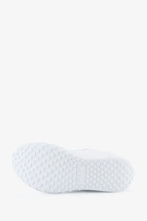 White rubber sole with hexagonal tread and rectangular label on givenchy men’s glide runner leather sneakers white back side