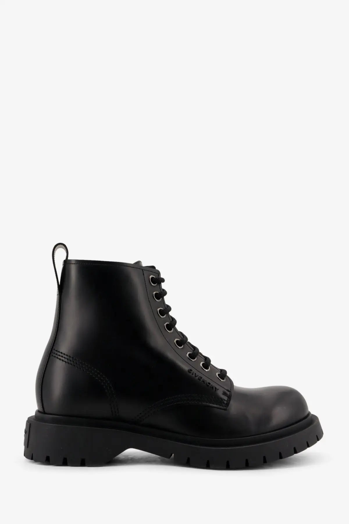 Black givenchy men’s leather ankle combat boot with glossy finish and chunky rubber sole