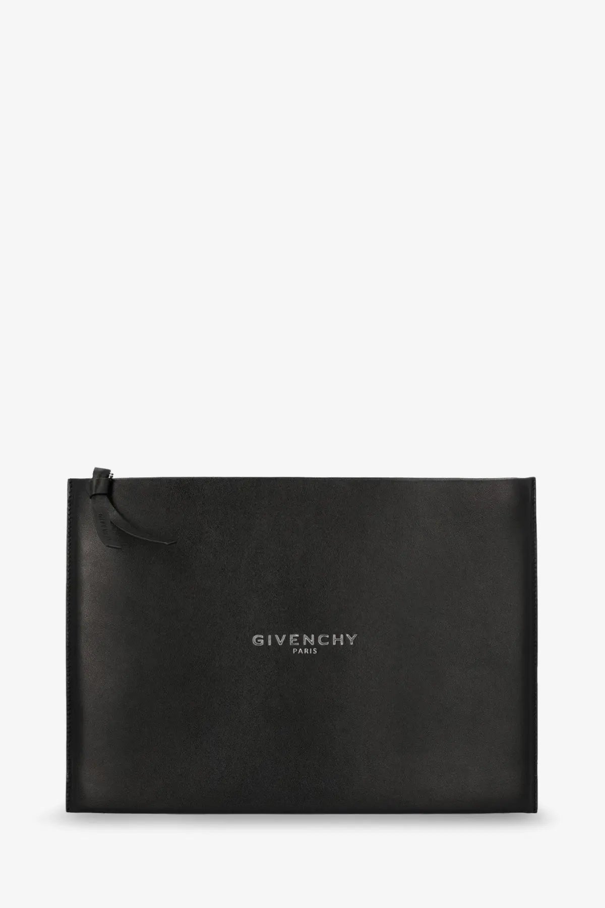 Black Givenchy men’s leather clutch bag featuring a minimalist design with subtle embossed branding