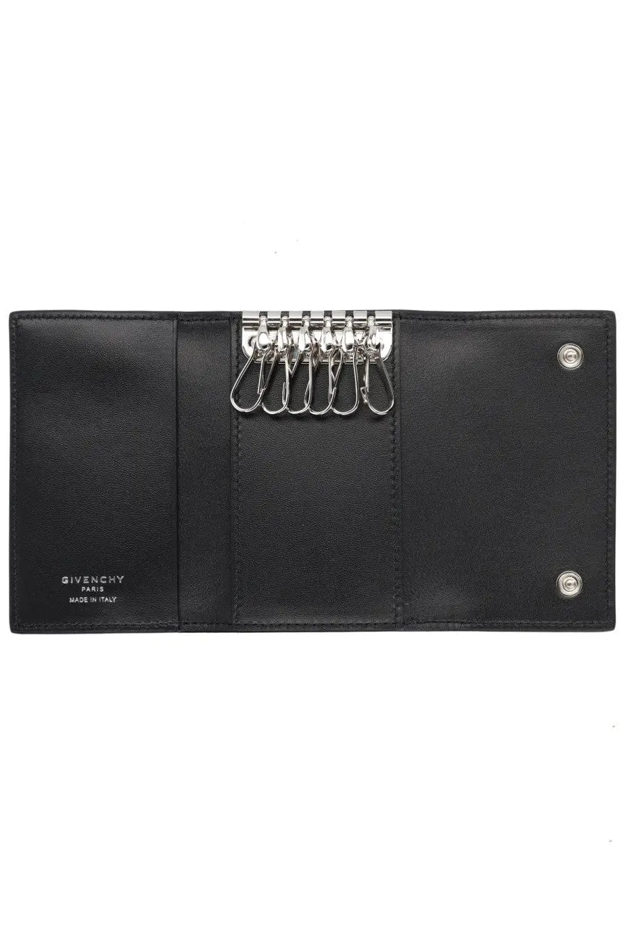 Givenchy men’s leather keychain black with black leather and silver-toned metal hooks and hardware