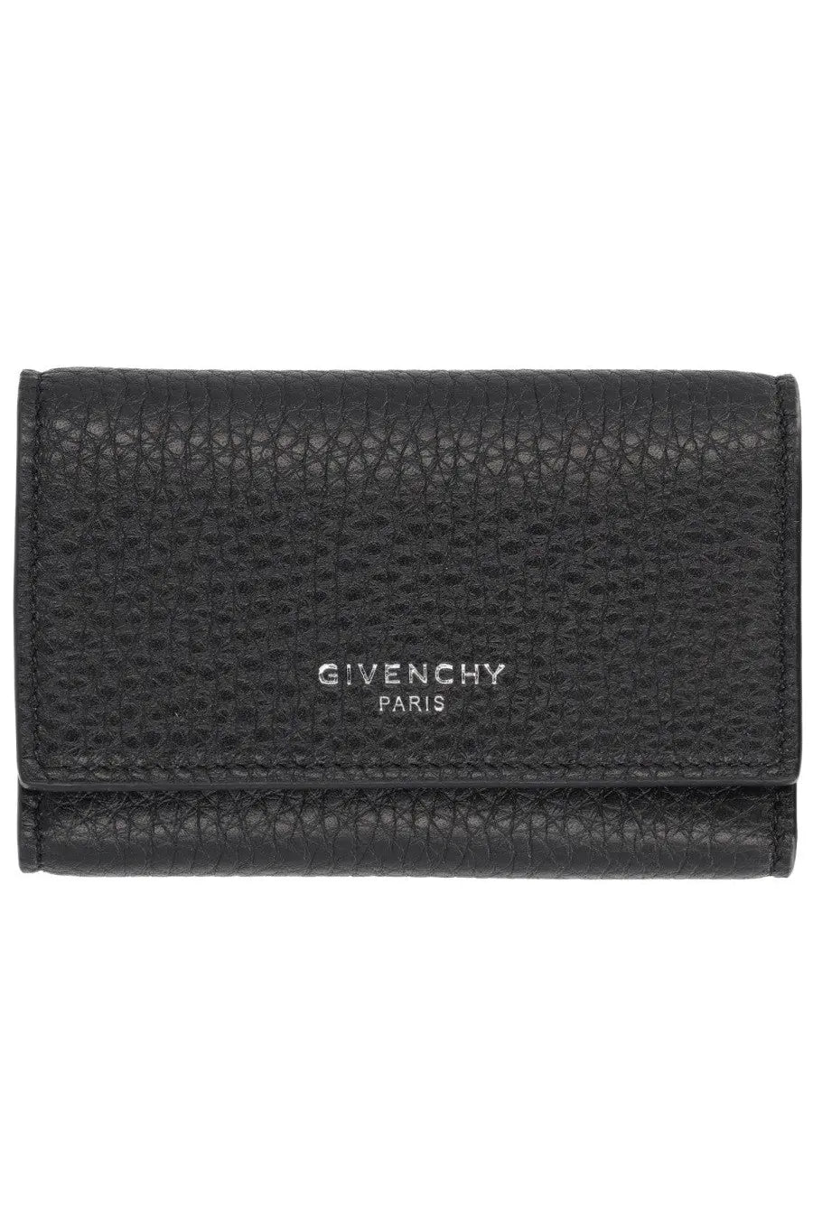 Black givenchy paris leather wallet with textured surface and embossed logo shown from the back side