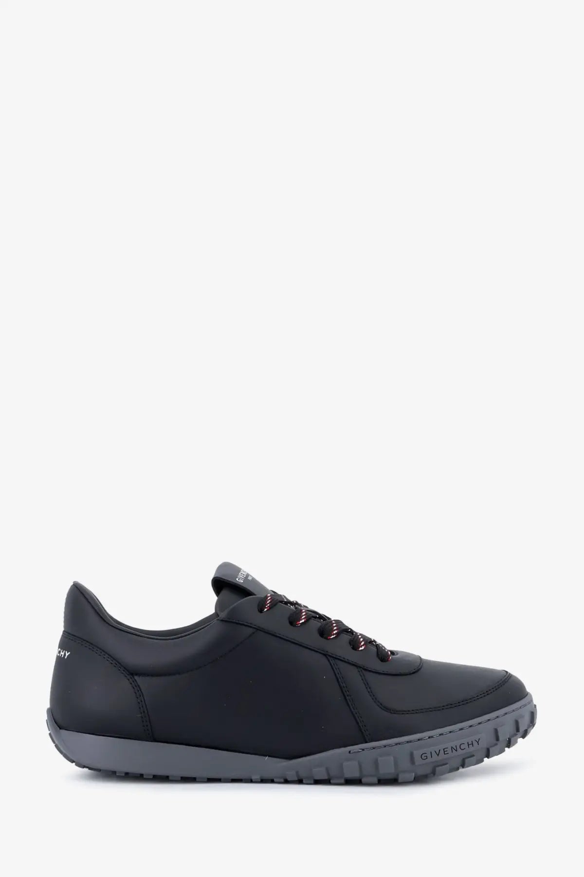Givenchy men’s black leather sneakers with a matte finish and subtle gray rubber sole for stylish casual wear