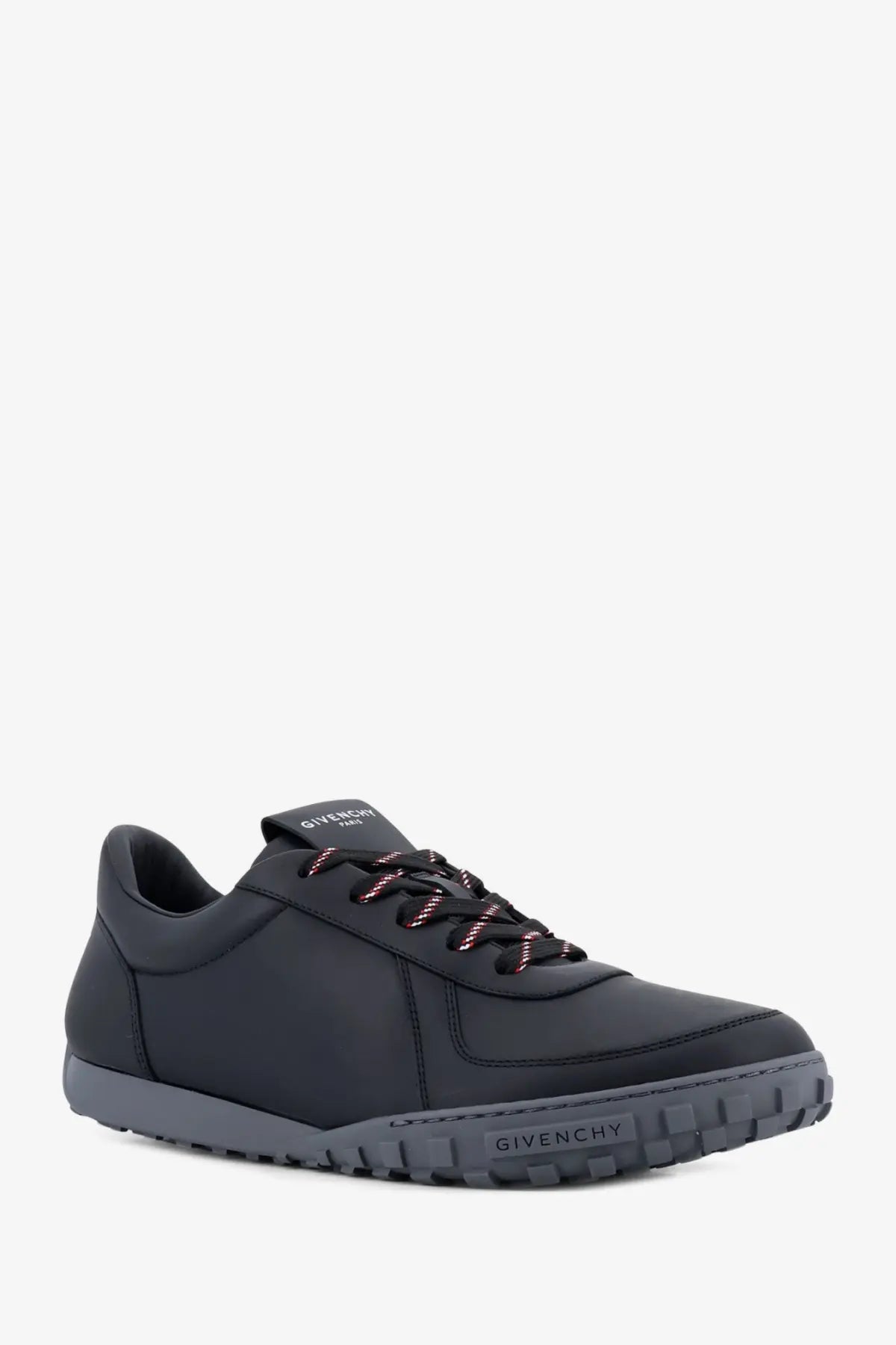 Givenchy men’s leather sneakers black with sleek leather upper, subtle red and white striped laces, and textured sole
