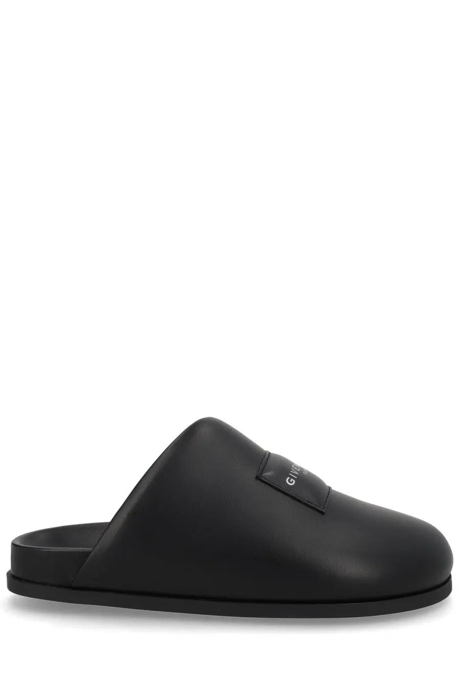 Black Givenchy men’s mule puffy slide sandal with sleek minimalist design and subtle brand patch on the vamp