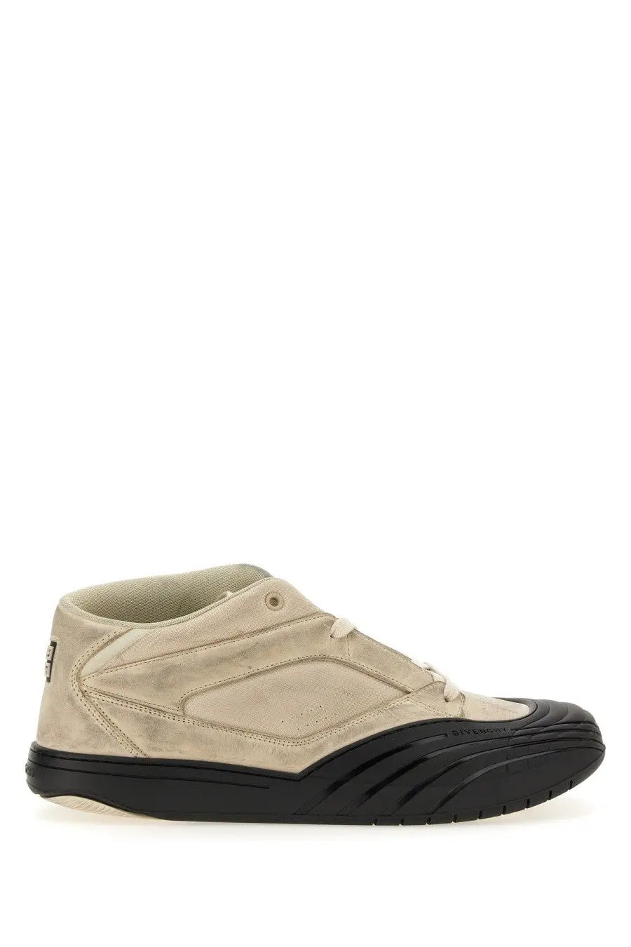 Givenchy men’s skate sneaker in beige suede with black rubber sole and textured design