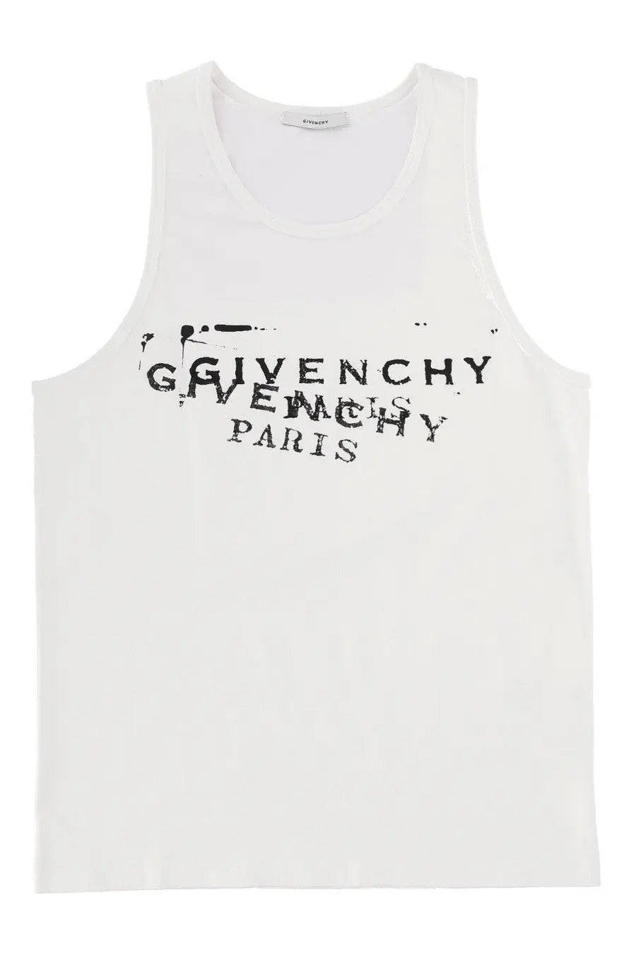 White Givenchy men’s tank top featuring a distressed black logo print on soft breathable fabric