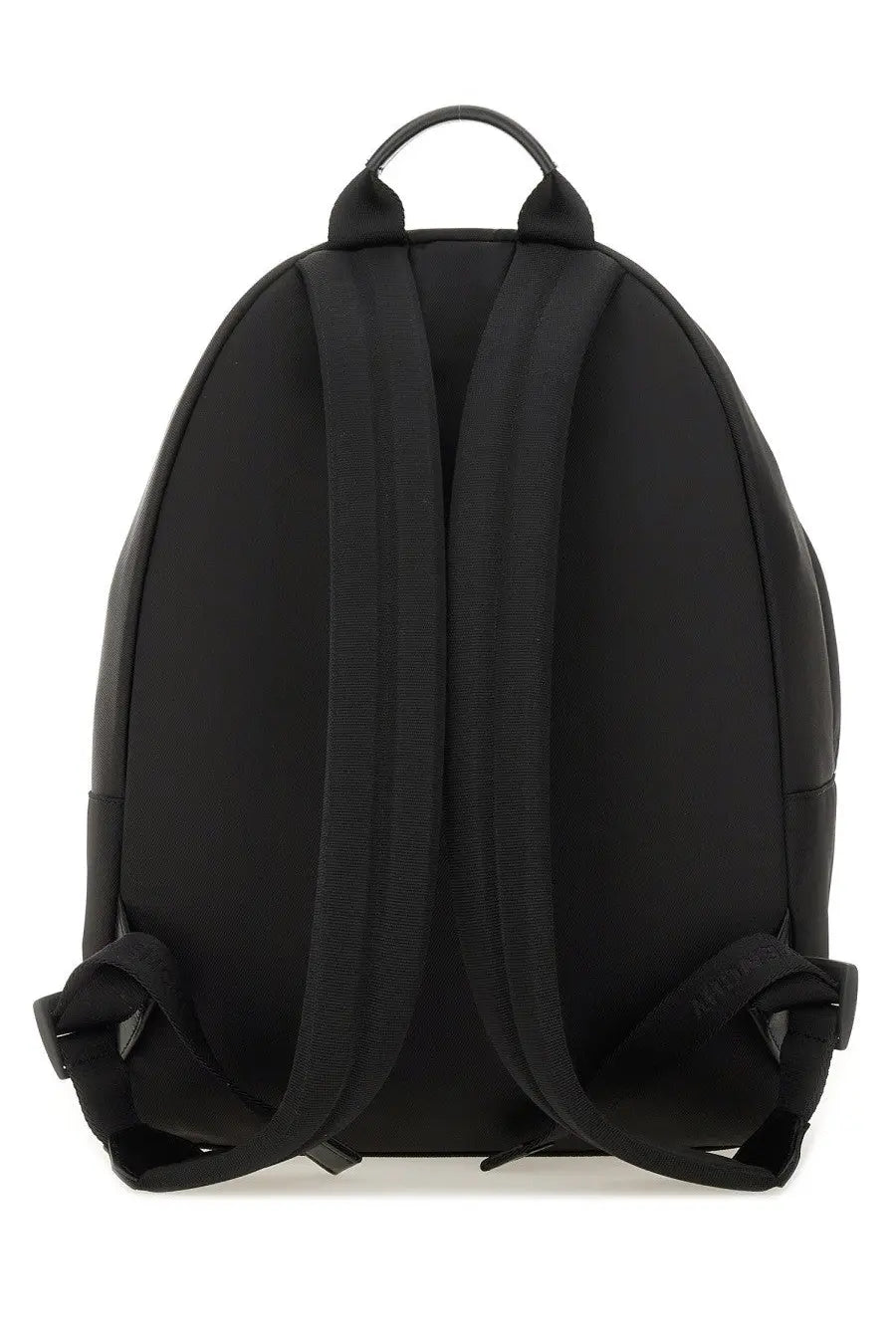 Givenchy men’s zaino essential black nylon backpack with adjustable shoulder straps and top handle shown from the back side