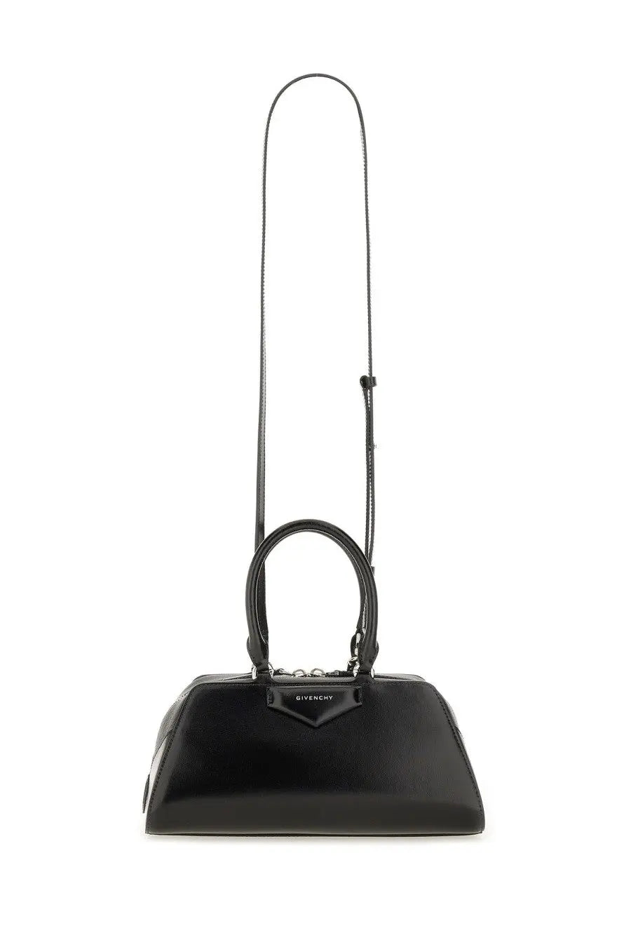 Givenchy women’s Antigona East West bag small black with glossy leather finish and structured rounded silhouette